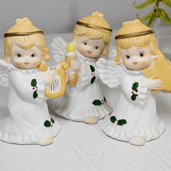 Vtg Trio of 3 Praying Angels Wings Holly Porcelain Harp Candle Star Taiwan 4”H - Picture 8 of 9